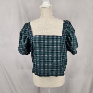 Madewell Gemma Crop Top Womens Size Large Puff Sleeves Square Neck Smocked Green